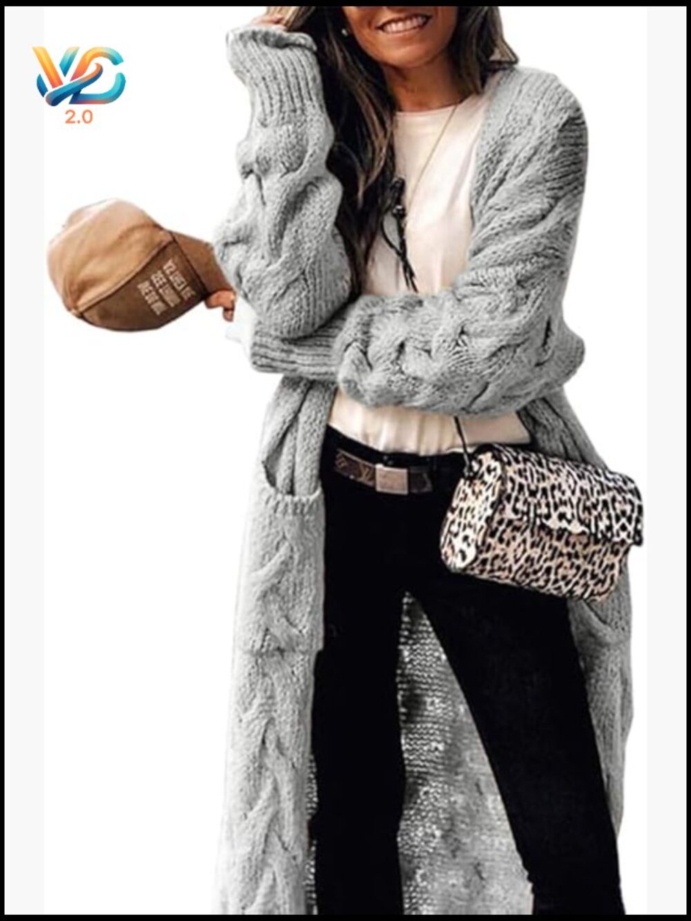 Long Cable Knit Cardigan Coat with Pockets Open Front Sweater